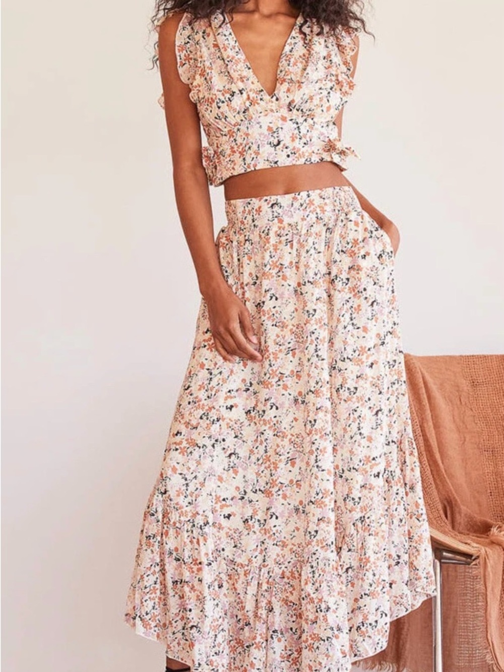Free People Peach Floral Ruffle Maxi Skirt
